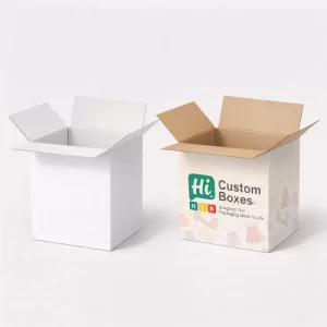 Two open magnetic gift boxes filled with white tissue paper, featuring one plain and one illustrated design.