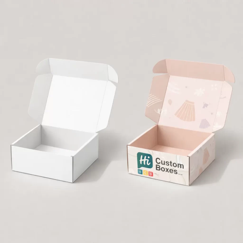 Open cardboard mailer boxes, one plain white and one featuring a pink interior with a skirt-themed pattern.