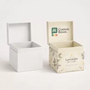 Pair of soy candle boxes, one plain and one with a stylish UK-themed floral print.