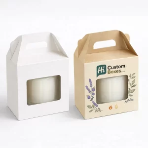 Soy candle boxes with carry handles, available in plain kraft and custom floral printed designs.