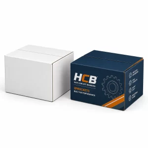 Sleek black and orange sprocket packaging boxes with professional branding for wholesale retail display.