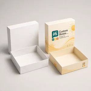 wo square two-piece rigid boxes, one plain white and one with custom yellow sun illustrations.