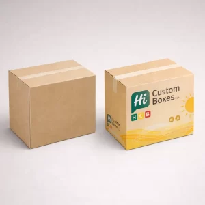 Plain brown cardboard shipping box next to a branded sunscreen carton with yellow sun graphics.