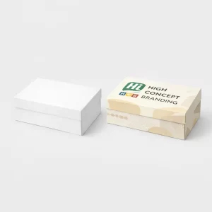 Two rectangular cardboard boxes with lids, showcasing plain white and custom printed branding designs.