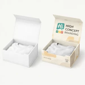Two open premium magnetic gift boxes, one plain white and one with branded graphics.