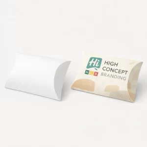 A pair of curved pillow boxes, one plain and one featuring high-concept brand logos.