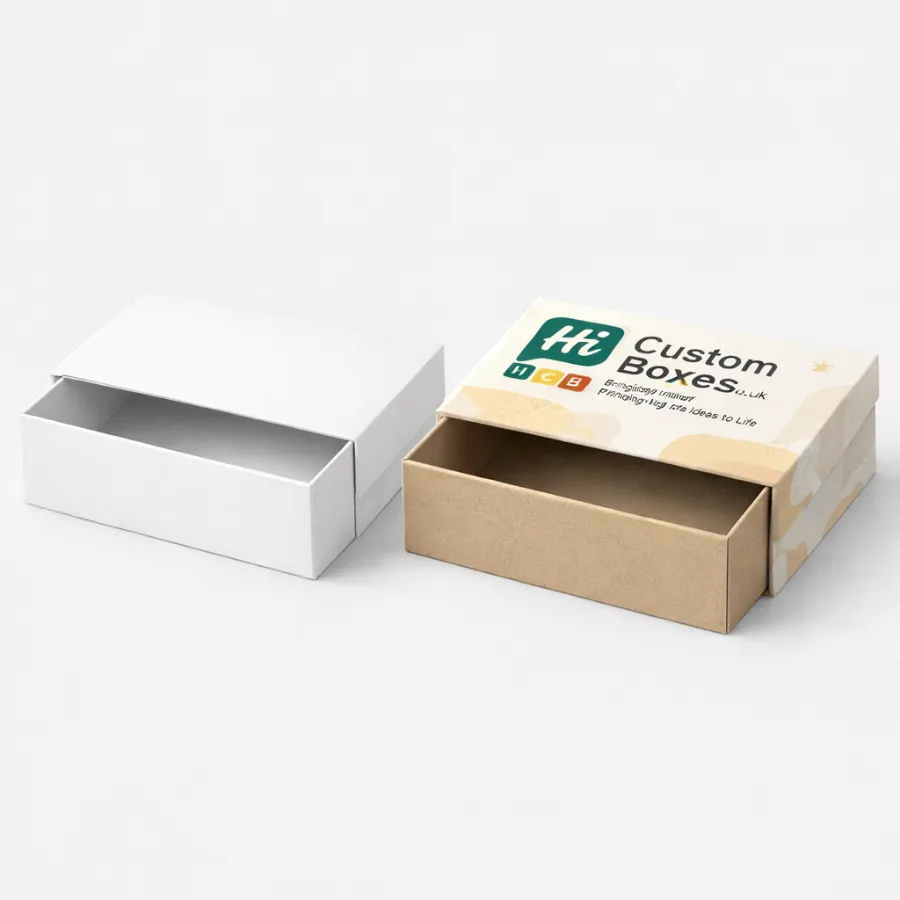Two sliding drawer-style boxes, featuring a rustic brown interior and a branded white outer sleeve.