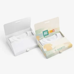 Two slimline t-shirt boxes with internal flaps and hinged lids, featuring a minimalist branded aesthetic.