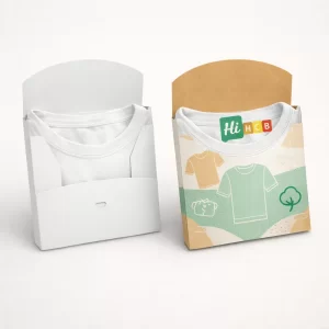 Two envelope-style t-shirt carriers with curved flaps open, showcasing a folded white t-shirt collar.