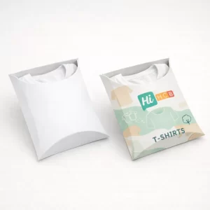 Two upright t-shirt pillow packs showing white collars, featuring one plain and one branded design.