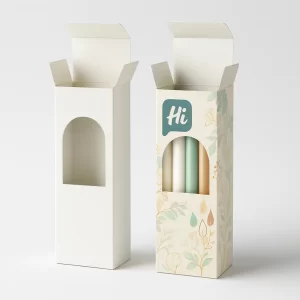 Tall white box and decorated box with arch window showing three coloured taper candles.