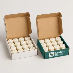 White and decorative sleeve boxes, each holding a tray of four small white tealight candles.
