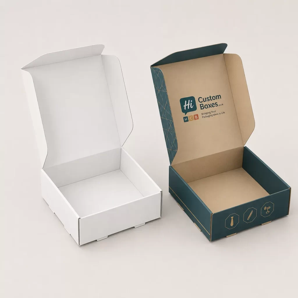Two upright cardboard tuck end boxes with custom navy branding for stylish tie pin packaging.