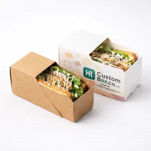Two wedge-shaped cardboard boxes containing toasted sandwiches with fresh lettuce and sauce toppings.