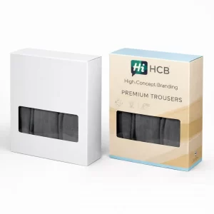 Two vertical retail boxes with viewing windows showing grey trousers, featuring High Concept Branding logos.