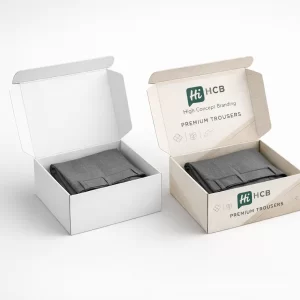 A side-by-side comparison of a plain white and a branded cream hinged lid trousers box.