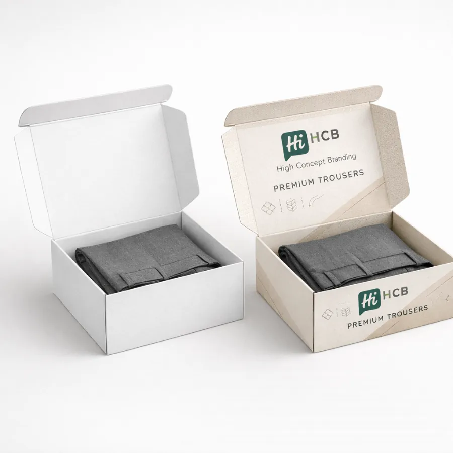 A side-by-side comparison of a plain white and a branded cream hinged lid trousers box.