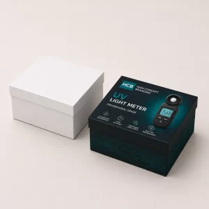 Two piece cardboard boxes with lids featuring a purple graphic design for UV meter packaging.