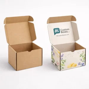 Cardboard counter display units for wax melts, shown in plain brown and custom printed floral styles.