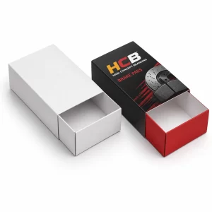 Modern black and red auto spare parts packaging boxes designed specifically for brake pad protection.