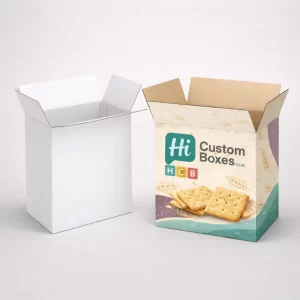 Wholesale corrugated cardboard boxes for crackers showing wheat graphics and an open white sample.