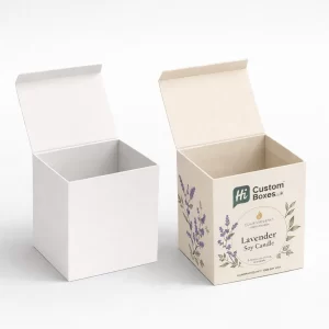 Wholesale soy candle boxes shown in natural kraft and a white branded floral design.