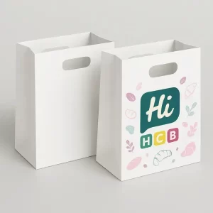 White die-cut handle paper bag with pastel icon prints- suitable for gift packaging and bakery items