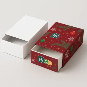Slider-style drawer boxes, one white, one custom-printed with a festive red design.