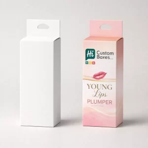 Two vertical retail boxes with hang tags, featuring a blank white version and a branded pink version.