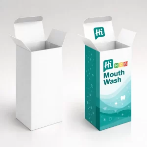 Two upright open mouthwash boxes- one blank and one featuring colourful teal and wave-patterned graphics