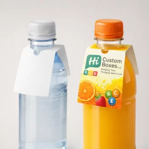 Two plastic bottles, one water and one orange juice, featuring white and printed fold-over neck tags.