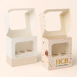 Tall cake pop display boxes with wide windows - one dotted pastel- one plain cream with insert holes