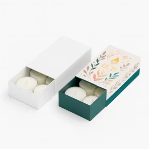 Drawer-style candle packaging boxes containing tealight candles, one plain white and the other with HCB branding in teal and pink floral design.