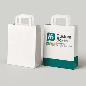 Two paper shopping bags with flat handles one plain white one custom printed with Hi Custom Boxes