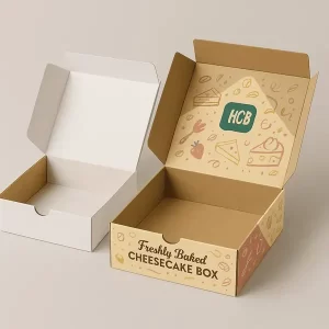 Freshly baked cheesecake packaging boxes.