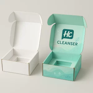 Mailer-style white and branded corrugated boxes, open to show an internal die-cut insert for cleanser.