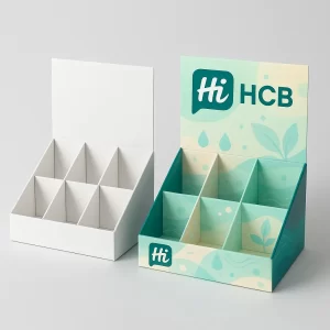 White and branded countertop display boxes with six sections for showcasing cleanser products.