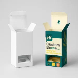 Tall, straight tuck-end boxes, open, with a die-cut hole for displaying a concentrate container.