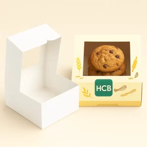 Custom cardboard gift boxes with top viewing windows designed for packaging assorted chocolate cookies.