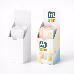 Cardboard retail display boxes designed to hold and showcase various cosmetic sachets on shop counters.