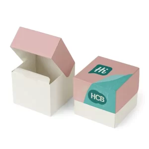 Square flip-top box mockup with plain white style on the left and branded version on the right with pink lid, teal side panels, floral graphics, and "Hi HCB" logo.