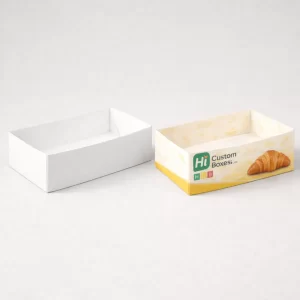Open-top cardboard croissant trays and boxes perfect for displaying freshly baked pastries on bakery shelves.