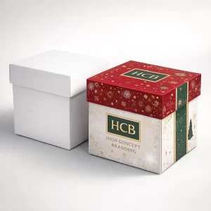Luxury two-piece boxes, one white, one premium Christmas design with gold foil details.