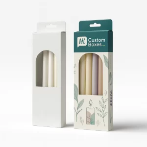 Vertical box with hang-tab, featuring an arch cutout and four pastel-coloured taper candles inside.