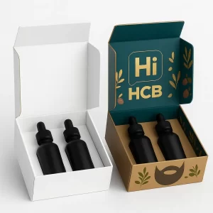 Custom beard oil packaging with two dropper bottles inside boxes- showing plain white and branded printed versions with Hi HCB logo- beard graphics- and leaf patterns