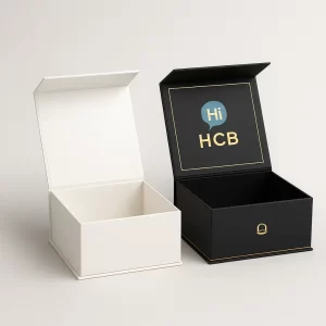 Rigid belt packaging boxes with lid, black box with gold foil logo.
