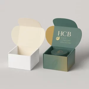 Two square, die-cut boxes with curved flaps, open, one containing a concentrate jar.