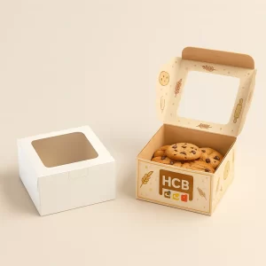 Branded cardboard boxes with hinged lids and windows for attractive bakery cookie display packaging.