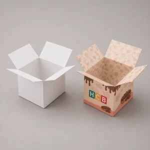 A slim white retail box next to a custom printed box showing delicious pastry graphics.
