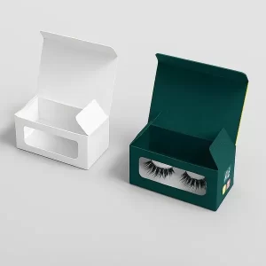 Clear eyelash boxes with sliding drawer design shown in blank and custom printed lash themed styles